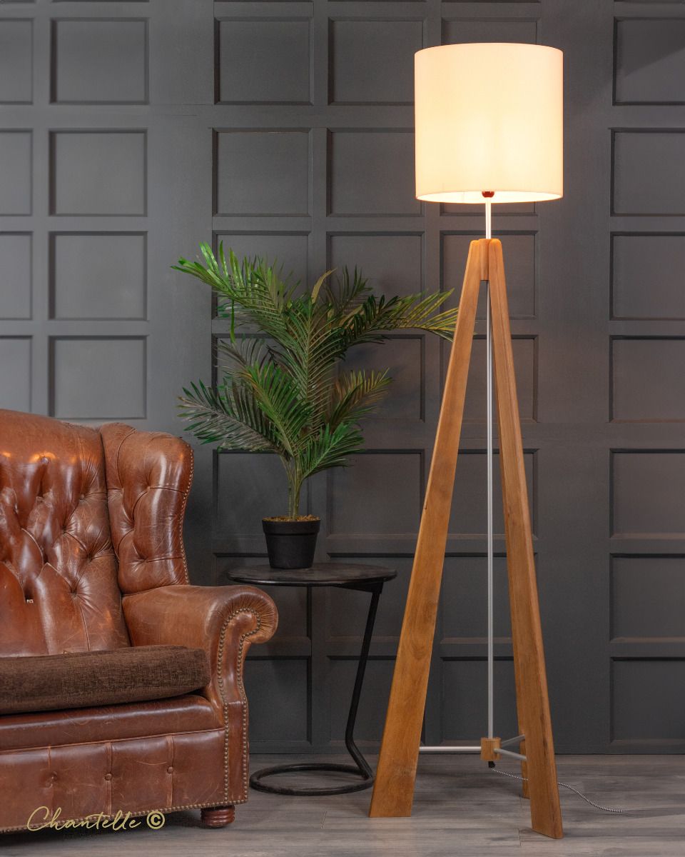 Wooden tri floor lamp with fabric shade