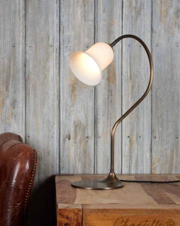 Antique brass swan neck table light with opal lamp shade - 053508
