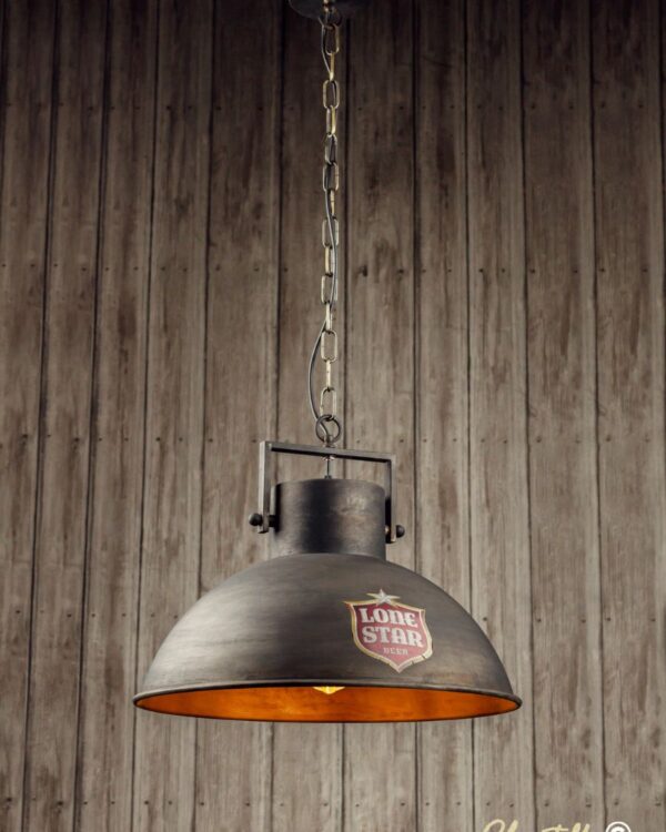 Weathered steel spun pendant with logo transfer