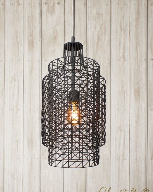 Matt black isometric pattern wire single drop pendant light