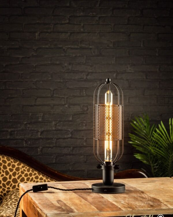Matt black steel cage table light with mesh insert - 071155