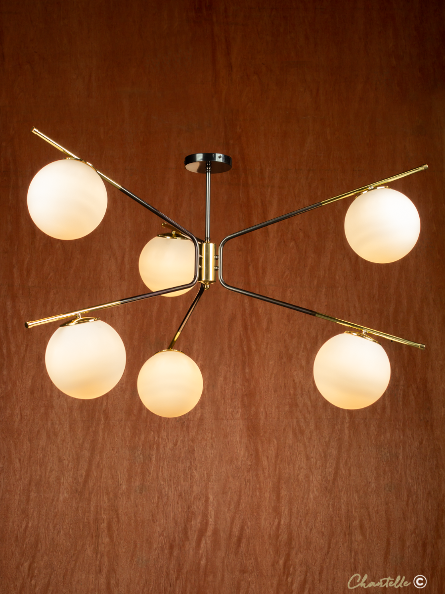 Bespoke ceiling pendant with opal glass globes