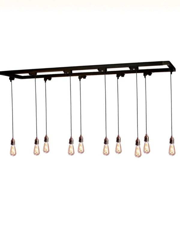 Bespoke salad bar track lighting with 10 hanging drops to exposed filament bulbs
