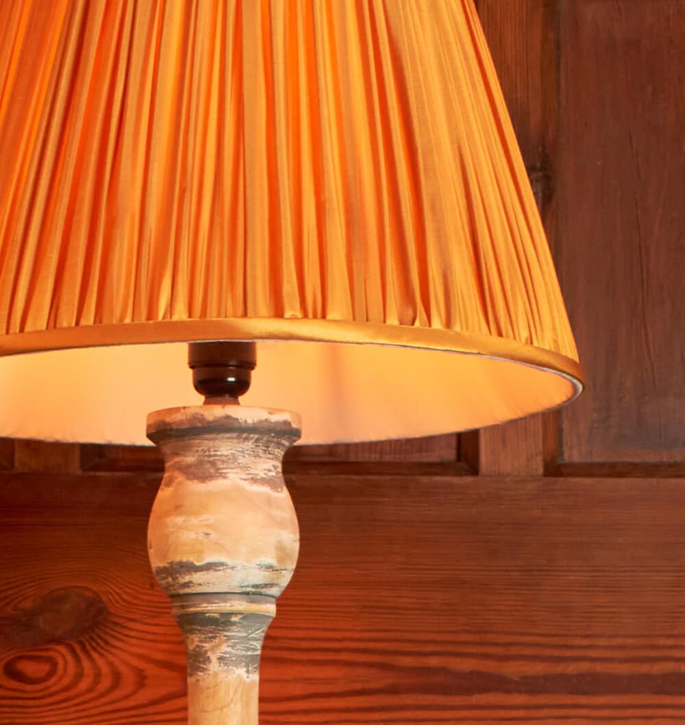 Distressed Floor lamp with wooden stand and yellow pleated shade single stand