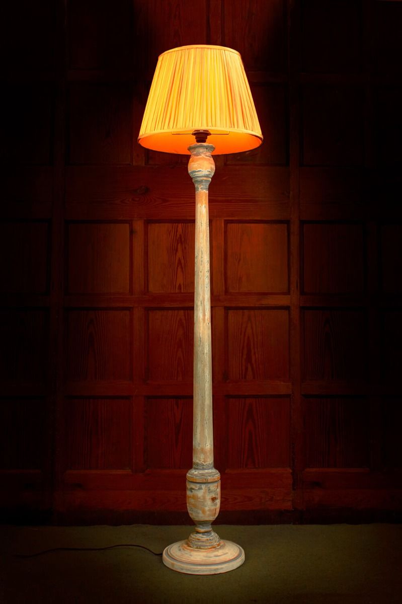 Distressed Wooden Floor lamp with yellow pleated shade