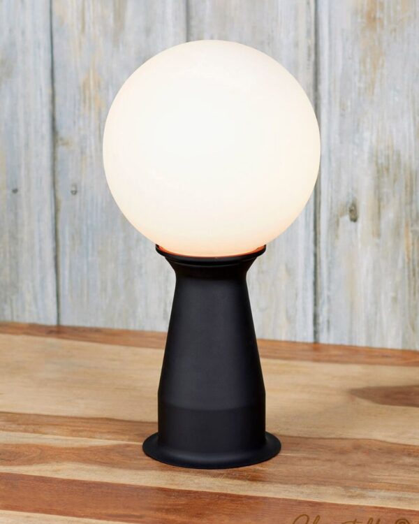 Matt black pedestal table lamp with a 200mm diameter opal globe - 072710