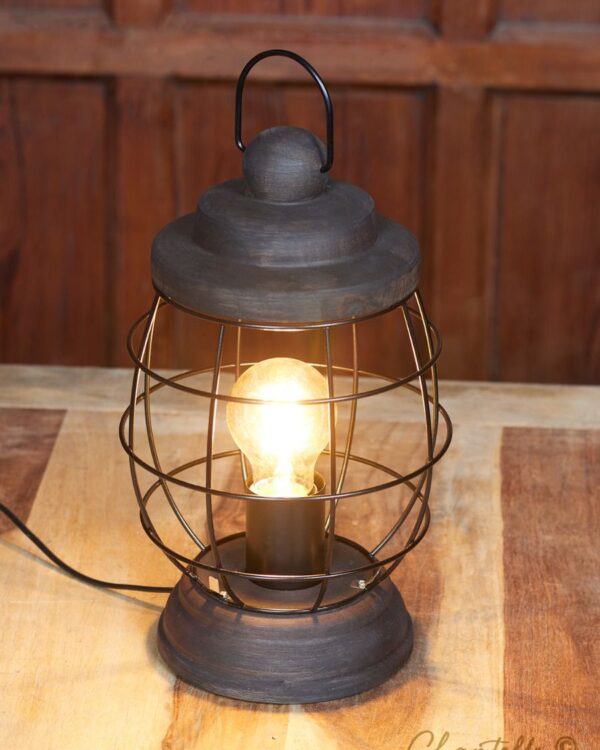 Vintage table lantern with aged wooden base & lid - 072731