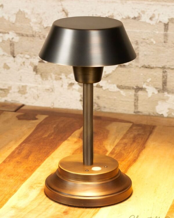 LED rechargeable battery operated table lamp with weighted base in an antique brass finish - 073172