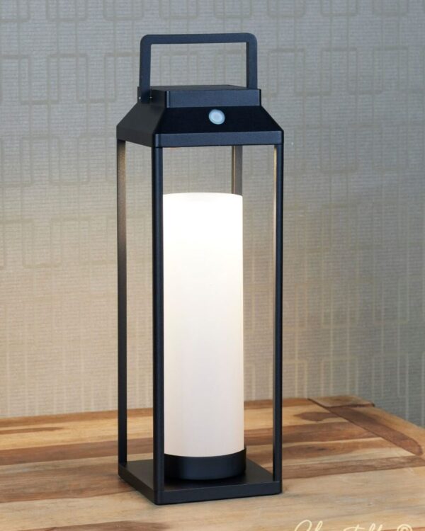 Tall LED / USB rechargeable battery powered table lantern in a matt black finish with opal tube shade - 073252