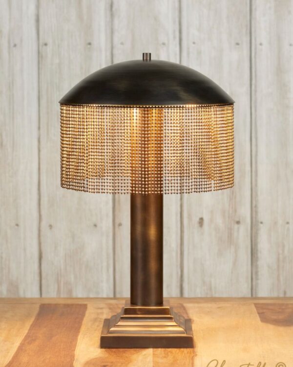 Dark bronze base & dome shade table light with ball chain fringe - 073352