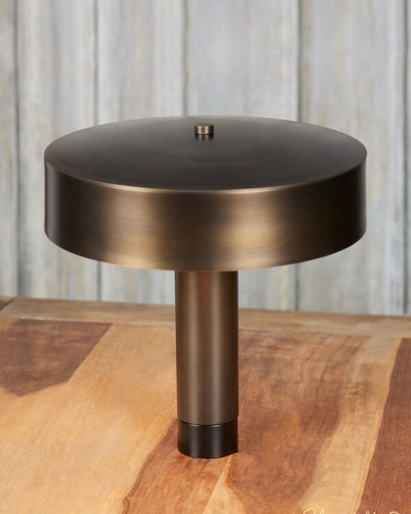 Antique brass hand wired table lamp, robust tube base with spring shade - 073380