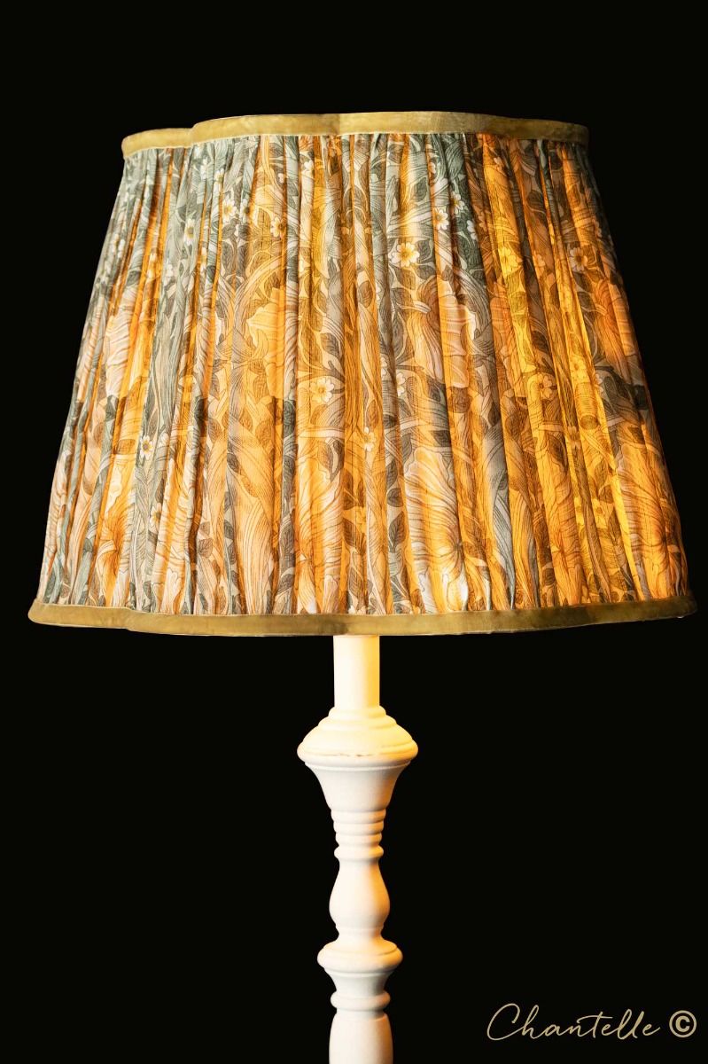 ECLIPSE FLOOR LAMP IN DISTRESSED WHITE WITH YELLOW SHIBORI SHADE