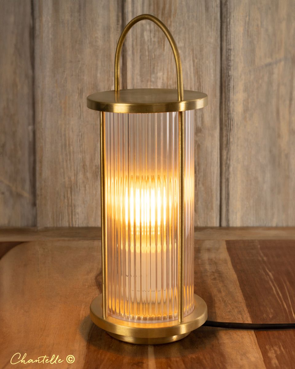Outdoor Brass Ribbed Glass Table Lamp - 075007