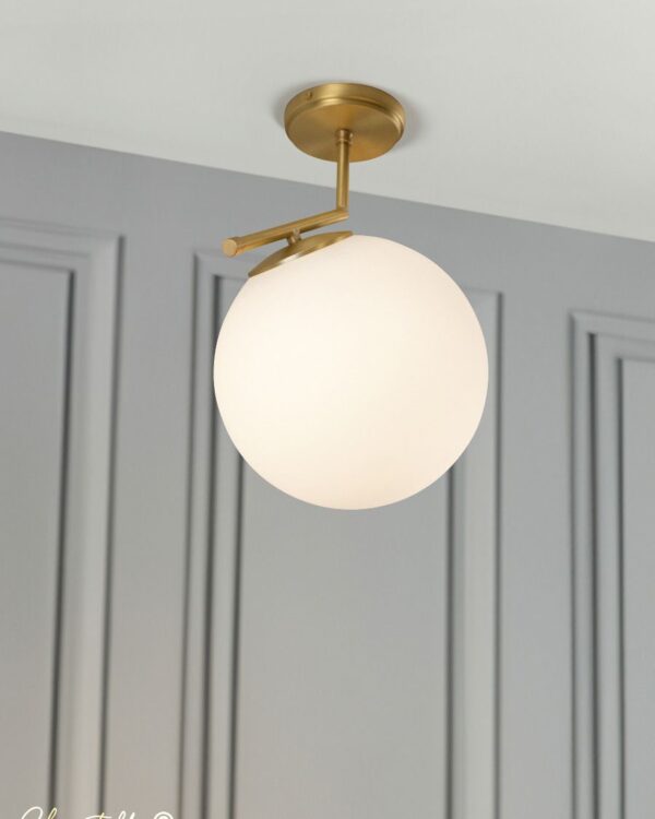 Brass Flush Light with Angled Opal Globe - 075582