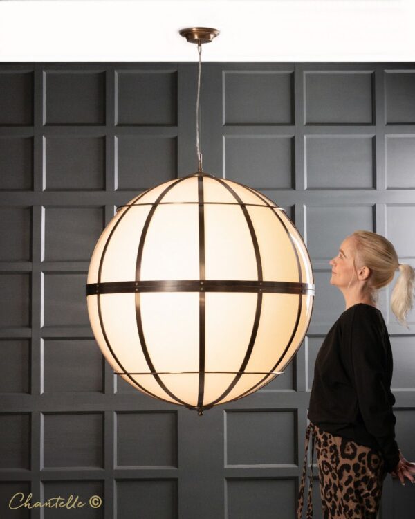 Terra-800mm Opal Acrylic Globe Pendant with Antique Brass Framework