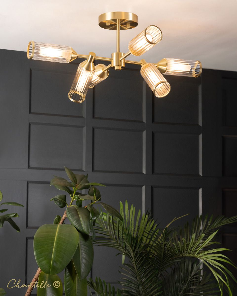 Elowen - Brushed Brass Flush Light with Reeded Rods - 076251