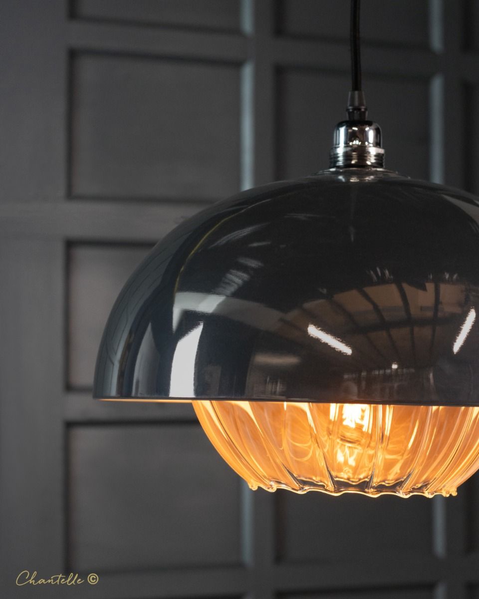 polished smoked chrome pendant with pumpkin globe