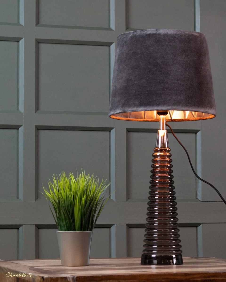 Smoked Grey Ribbed Table Lamp with Velvet Shade - 077119