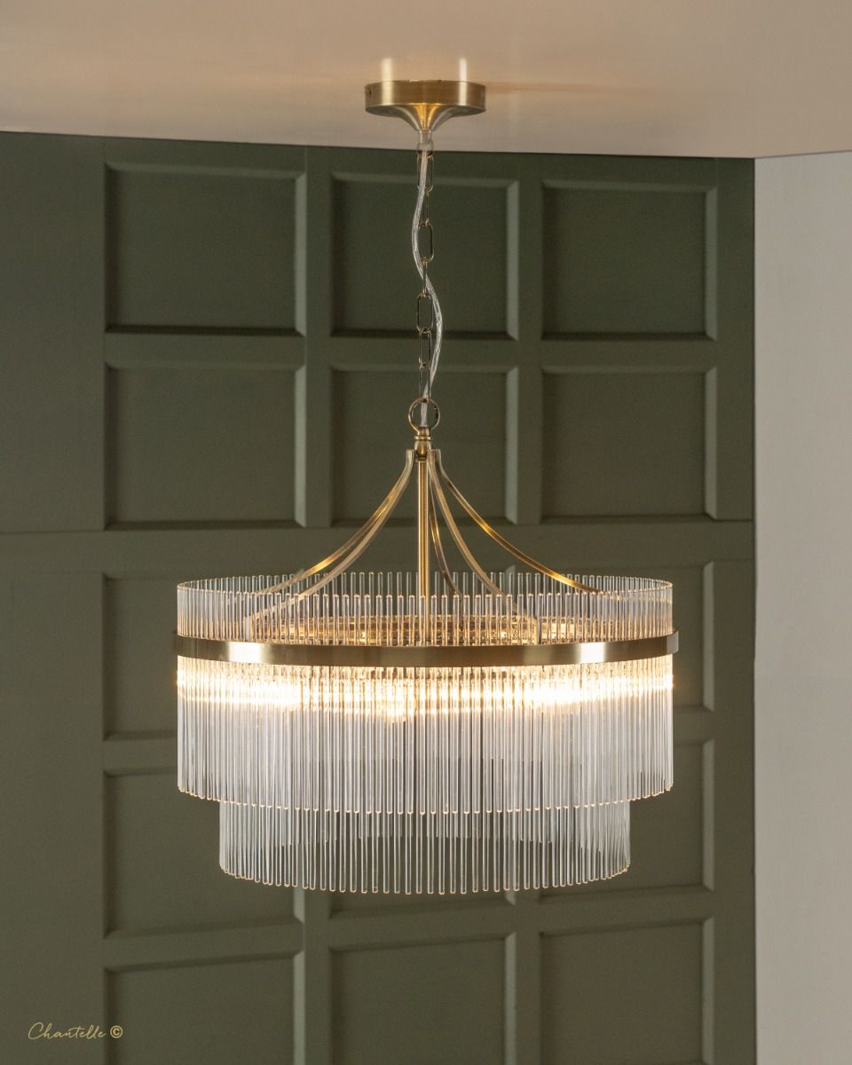 5 Light pendant light in antique brass with clear glass rods