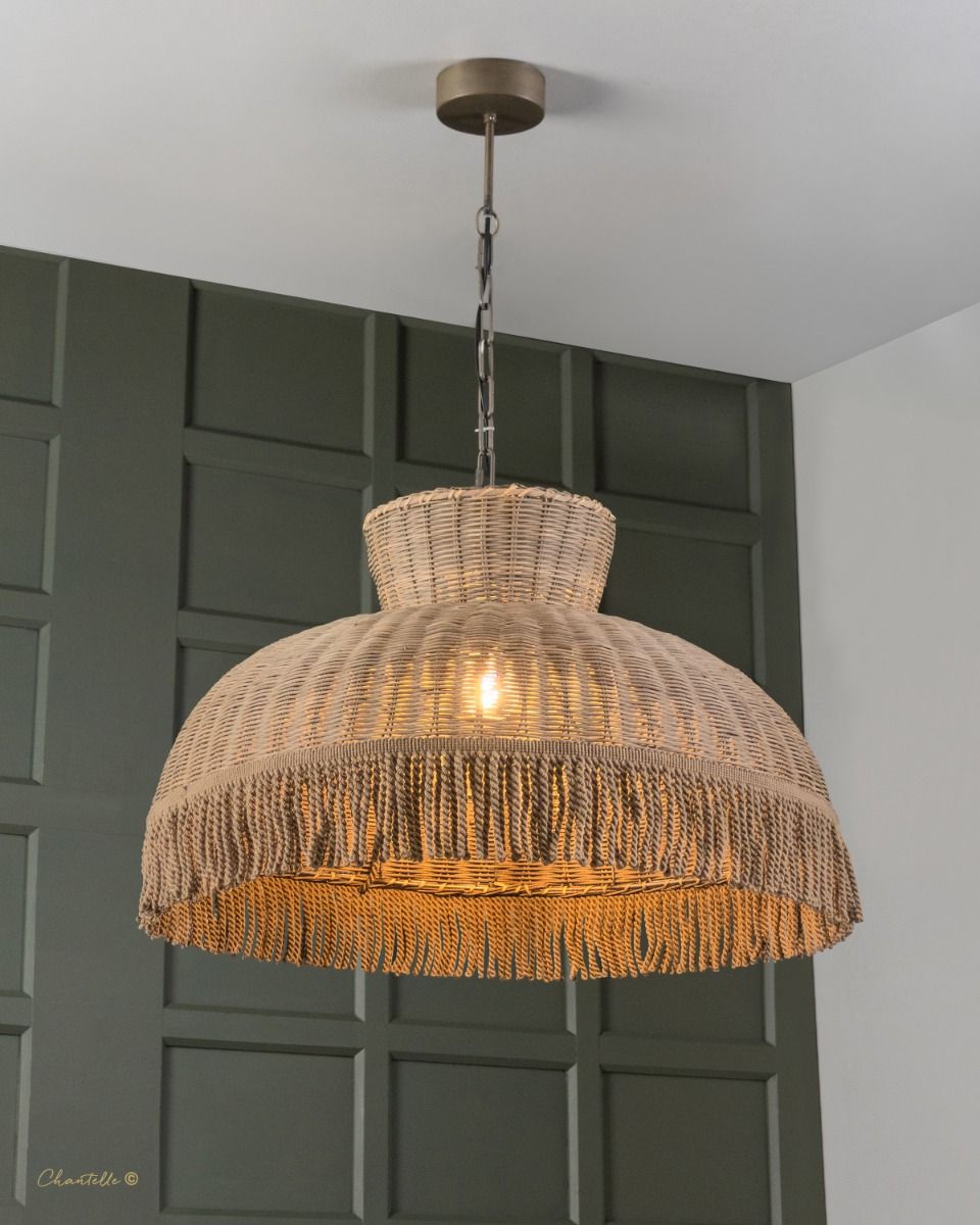 077964 - Large Round Rattan Pendant with Fringe Base
