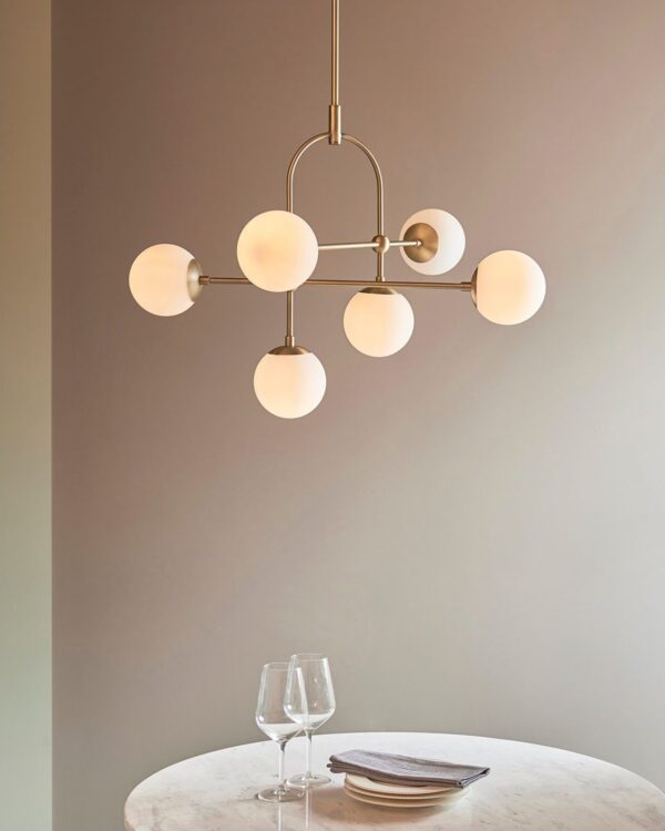 Matt antique brass pendant light with opal glass and adjustable stem - 072875