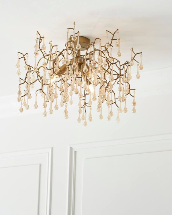Aged gold branch semi-flush ceiling light with glass droplets - 072874