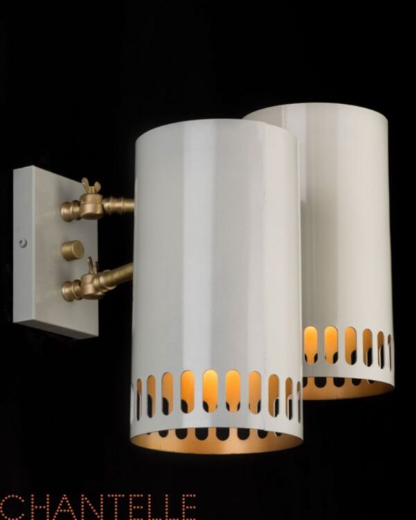 Retro twin wall light in white and satin gold