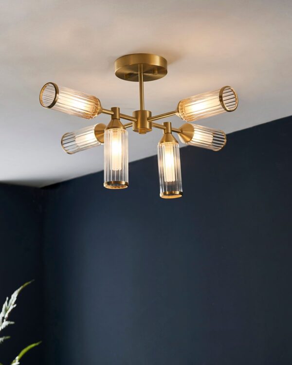 Ribbed and frosted glass satin brass semi-flush ceiling light - 072860