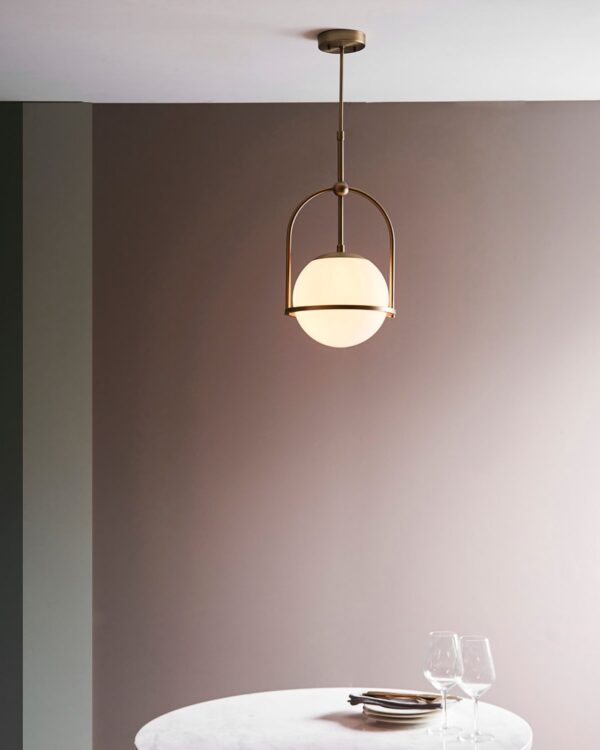 Matt antique brass single pendant with opal glass and adjustable stem