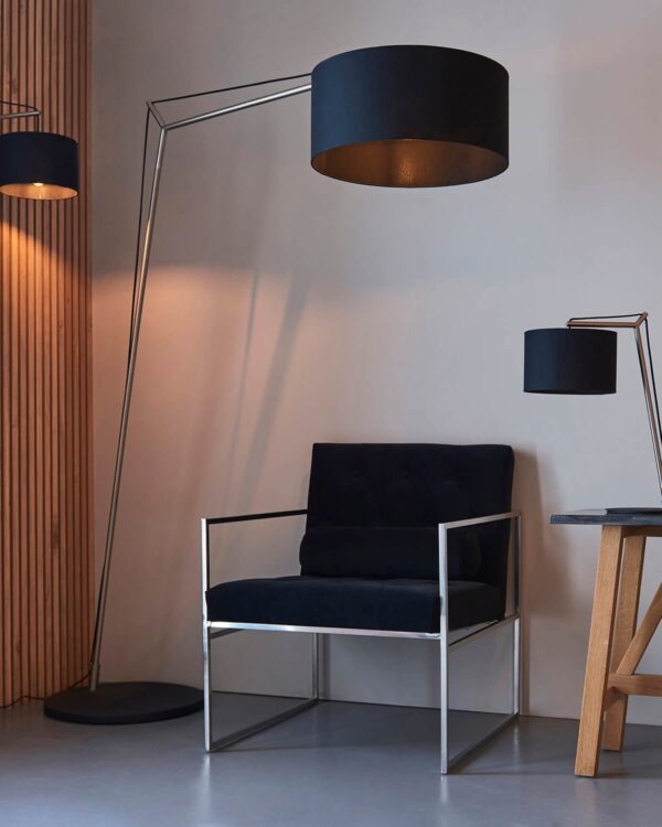 XL angular floor light in matt nickel with black shade