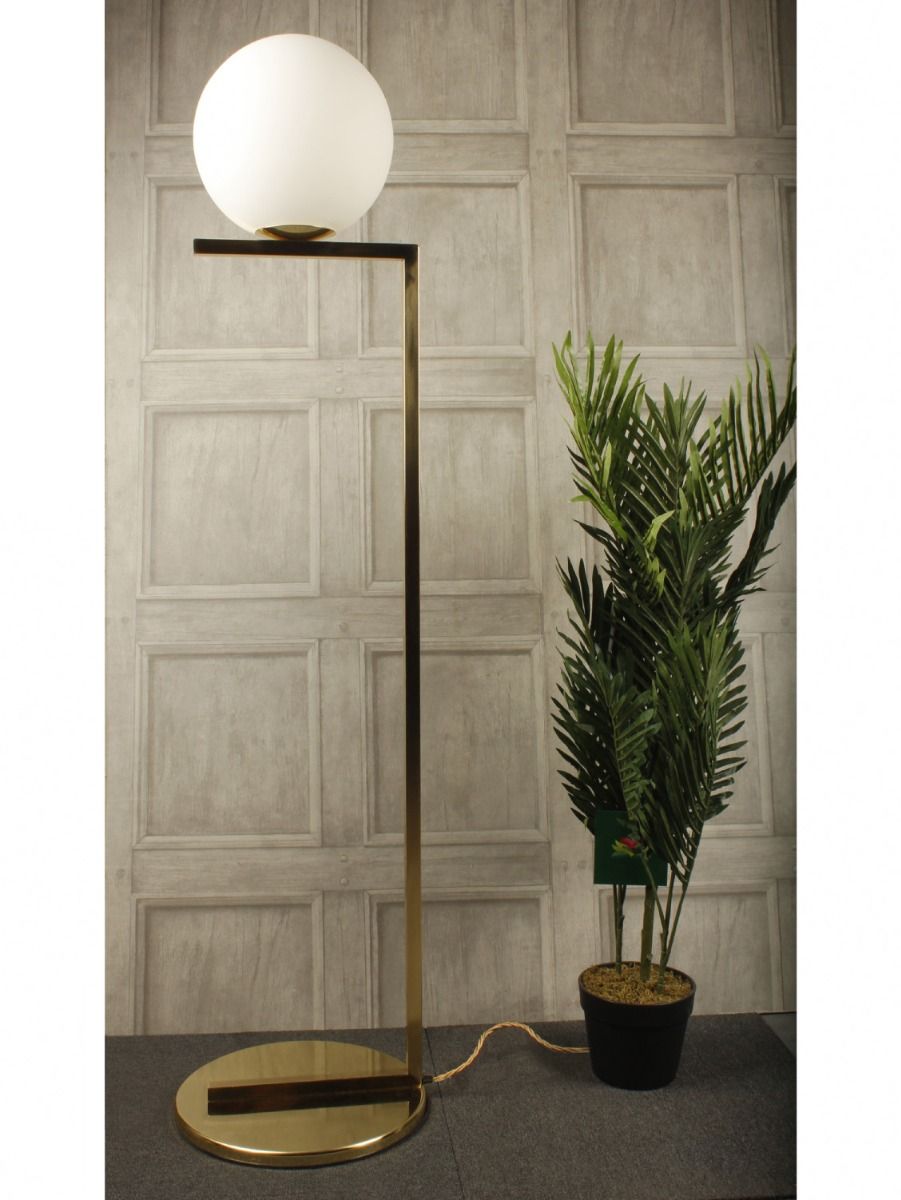 Polished brass retro floor lamp with opal glass globe
