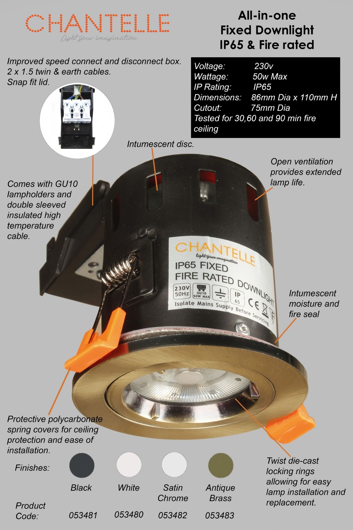 Fixed downlight - Antique brass all in one, IP65 & fired rated - 053483