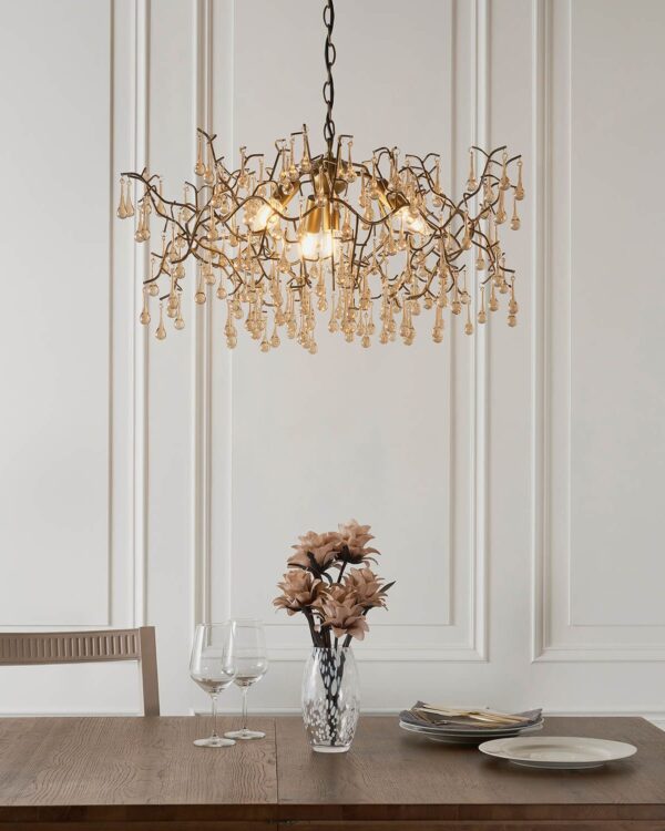 Aged gold branch chandelier light with glass droplets