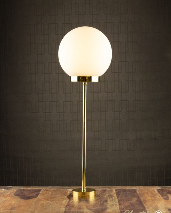 Retro polished brass table lamp with opal glass globe - 069793