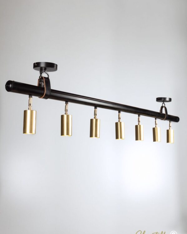 Adjustable brushed brass spotlights hung by leather straps - 069887