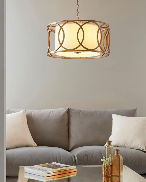 Circular frame pendant light with white shade