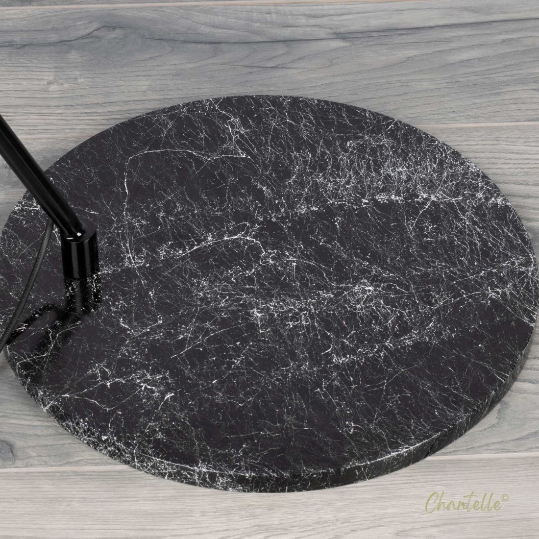 Black Round Marble Base Floor Lamp with Projected Arm and Fabric Shade