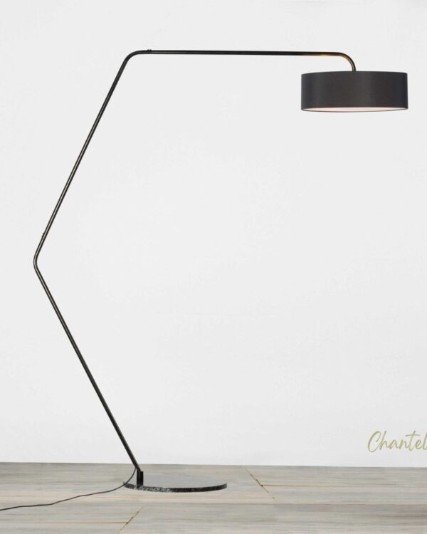 Black Round Marble Base Floor Lamp with Projected Arm and Fabric Shade