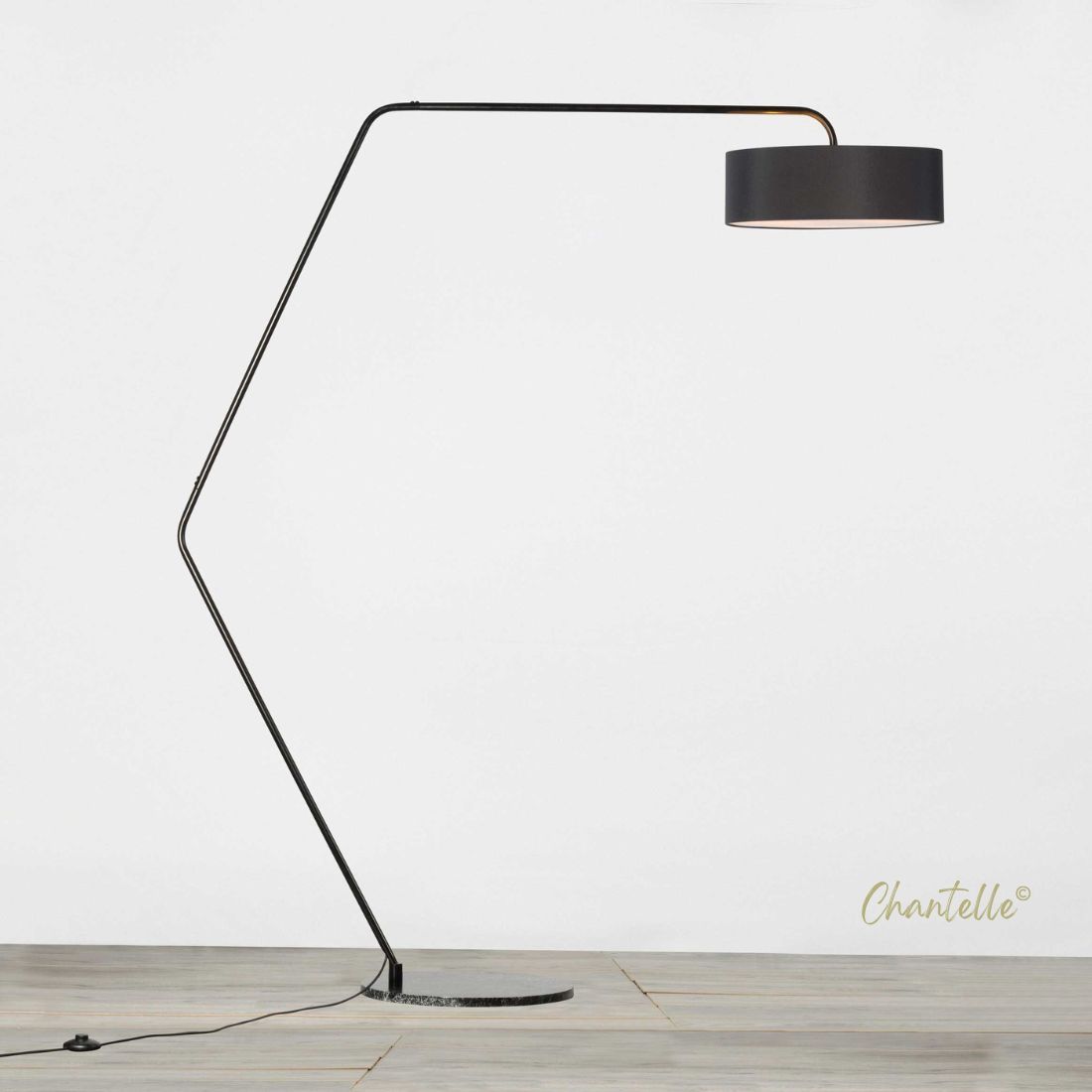 Black Round Marble Base Floor Lamp with Projected Arm and Fabric Shade