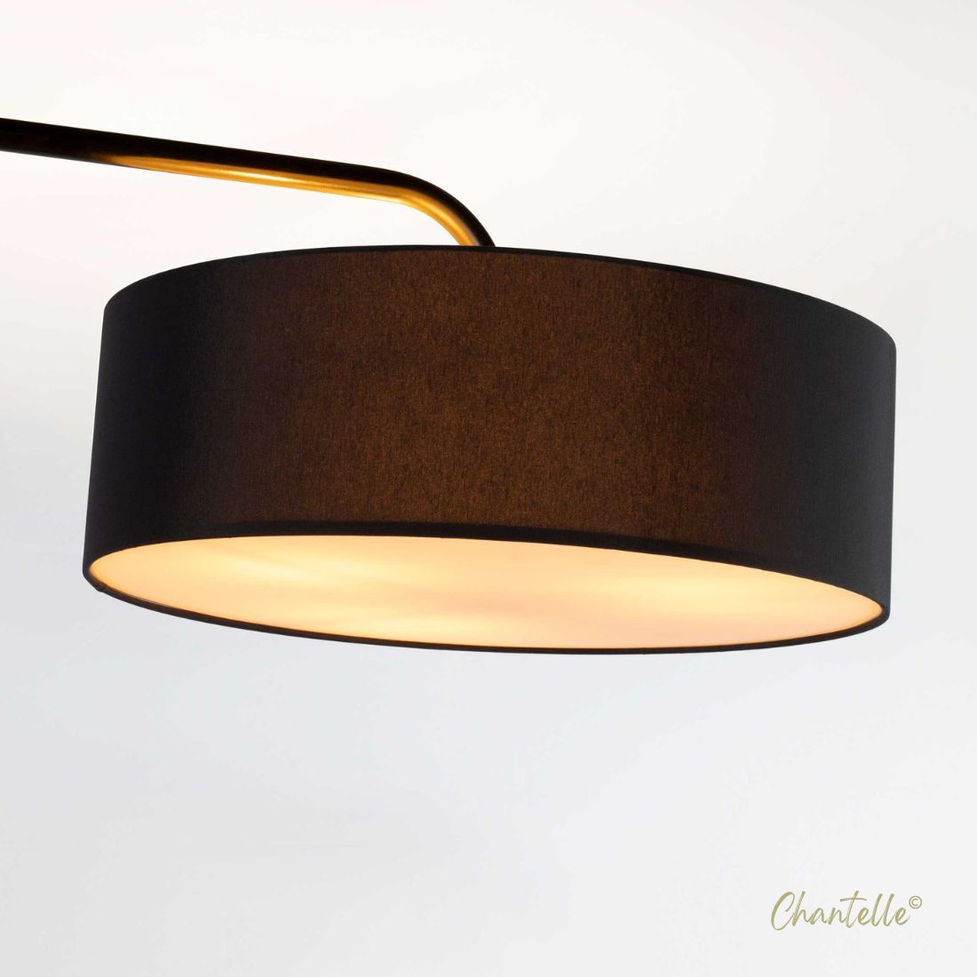 Black Round Marble Base Floor Lamp with Projected Arm and Fabric Shade