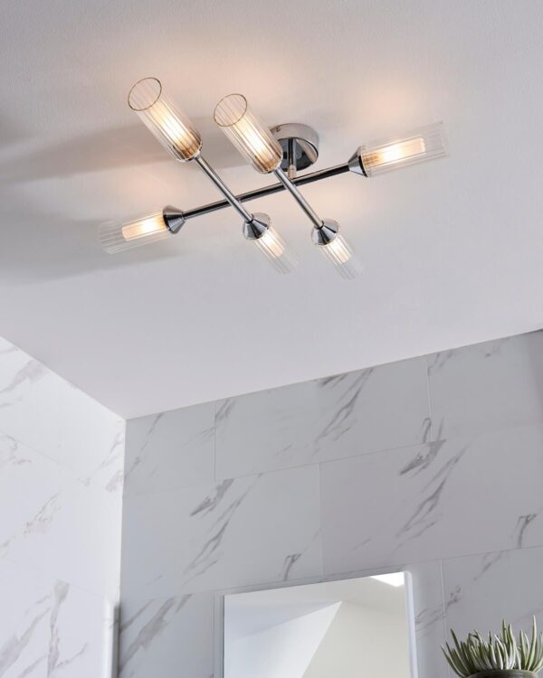 Ribbed & frosted chrome effect semi-flush ceiling light