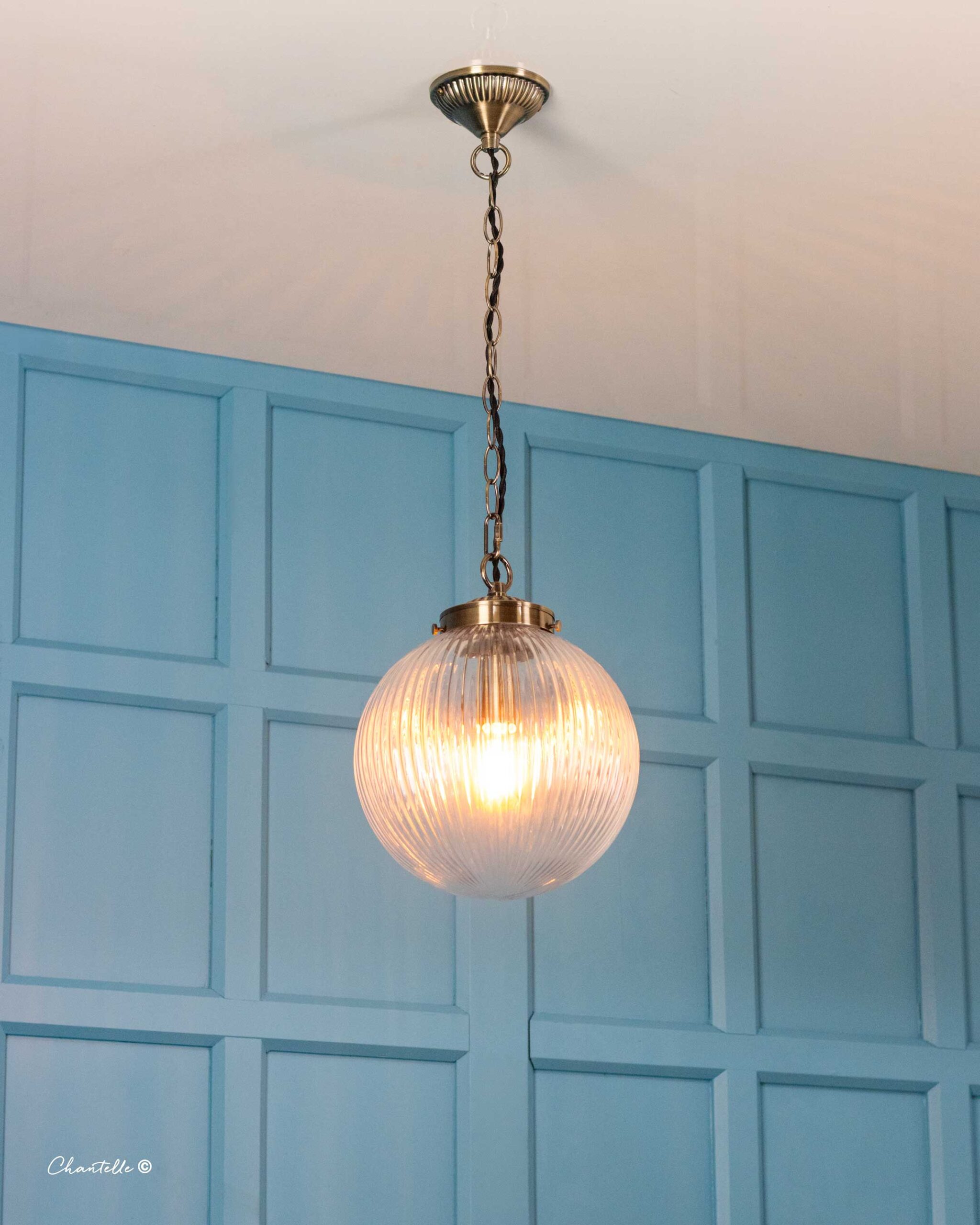 Antique Brass Pendant with Ribbed Glass Globe - 070510