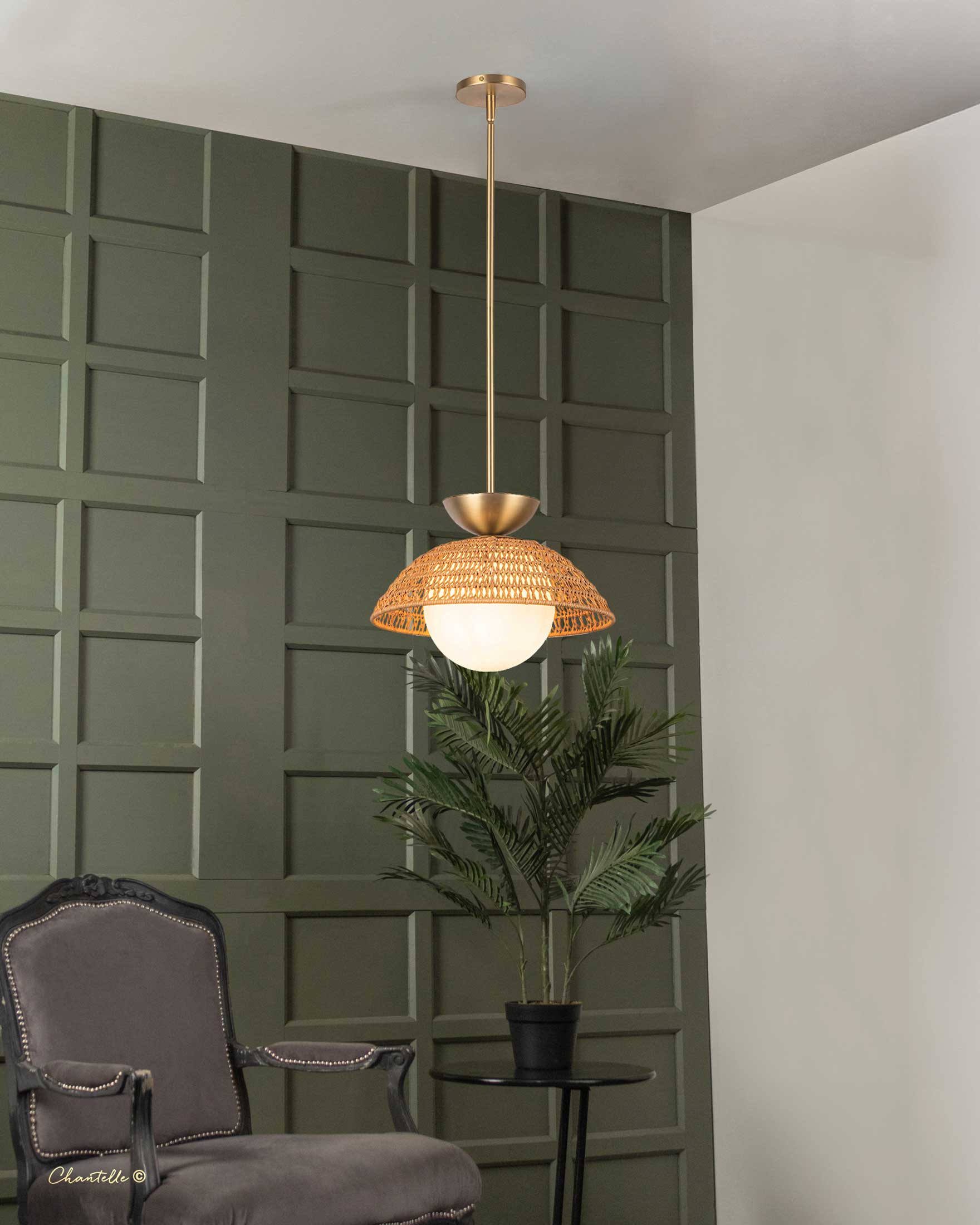Brushed Gold Pendant with Rattan Shade - 078434