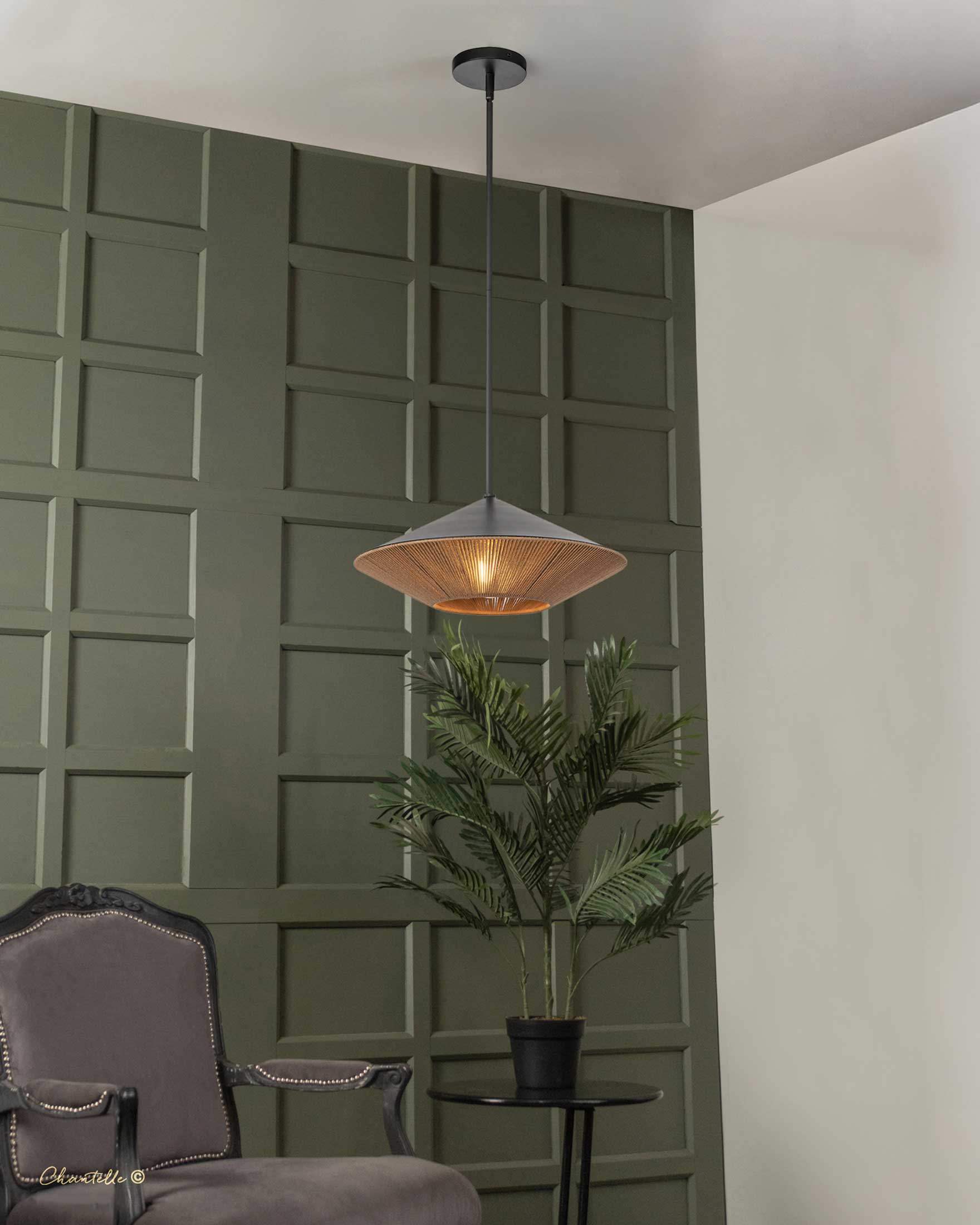 Large Matt Black Pendant with Braided Rope - 078437