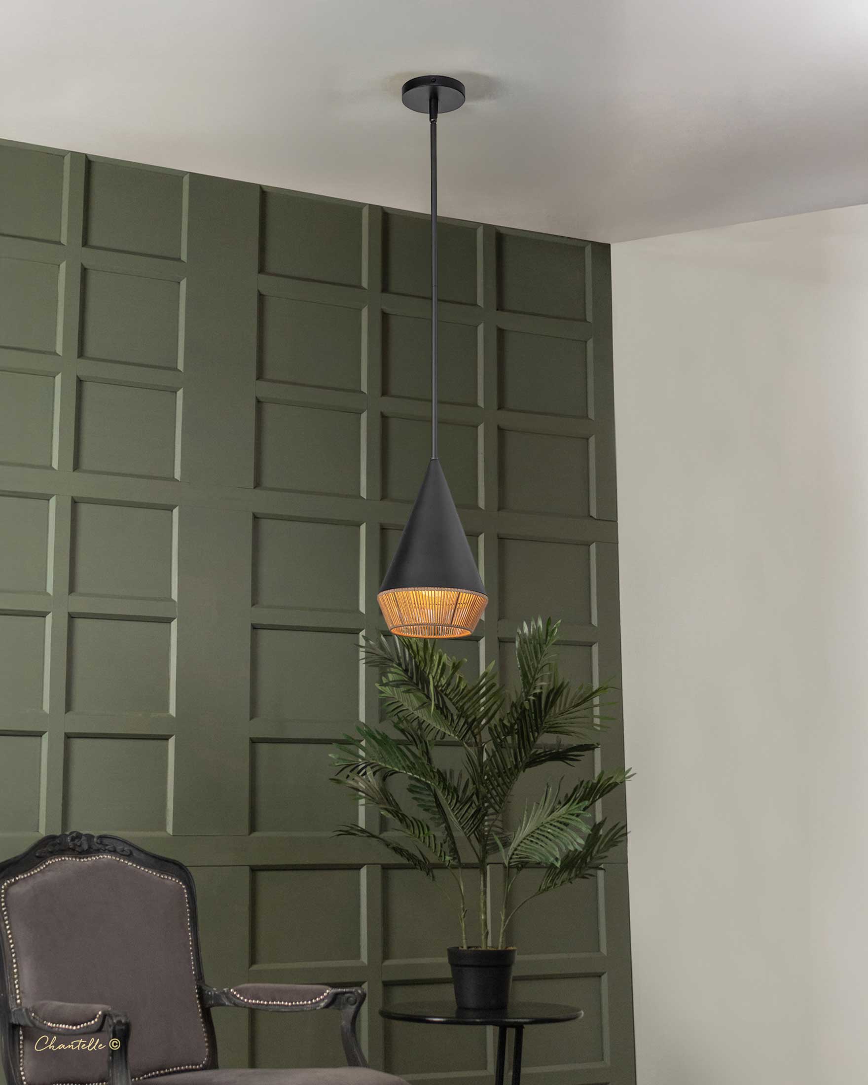 Small Matt Black Pendant with Braided Rope - 078438