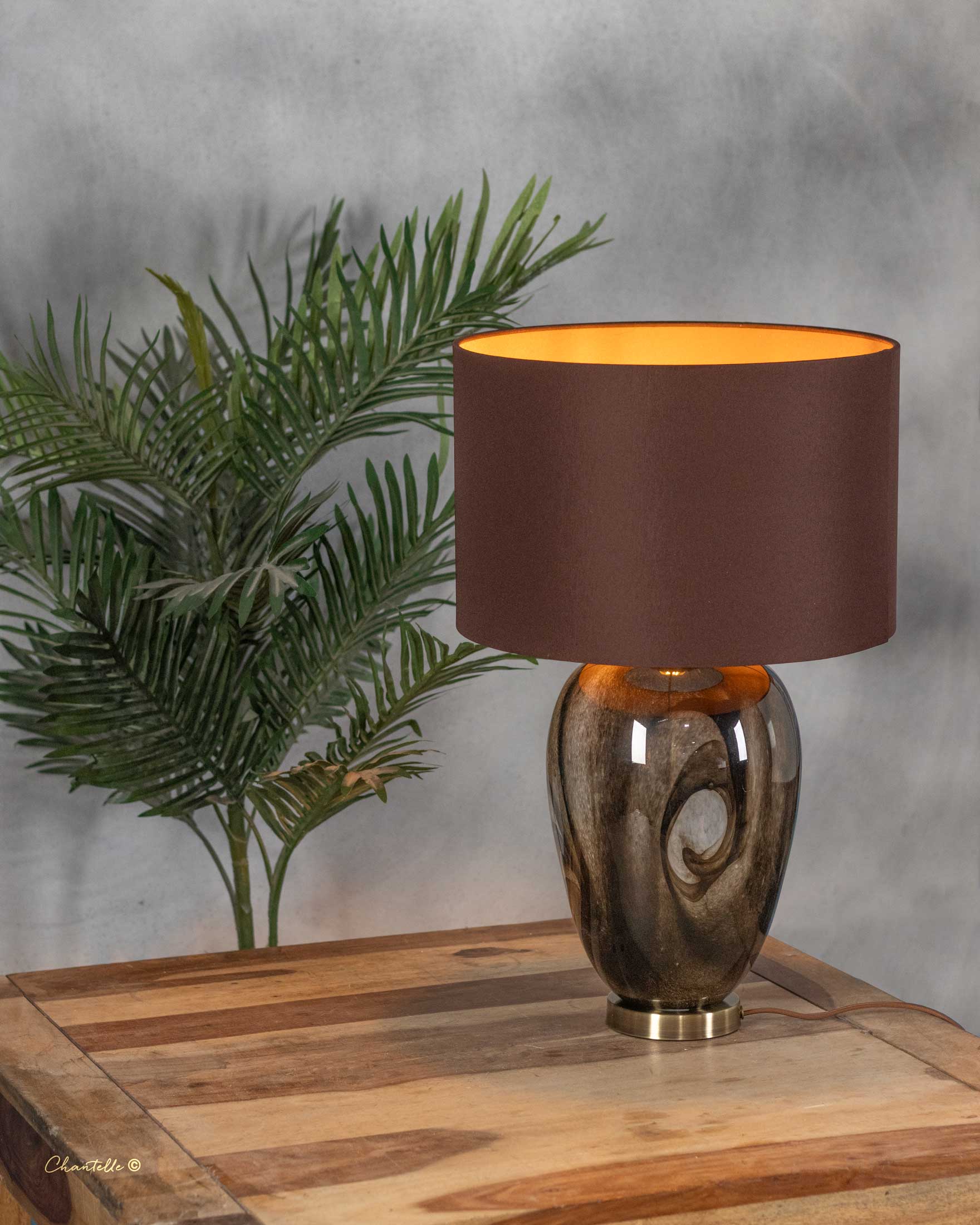 Brown Marble Effect Glass and Antique Brass Table Lamp - 078062