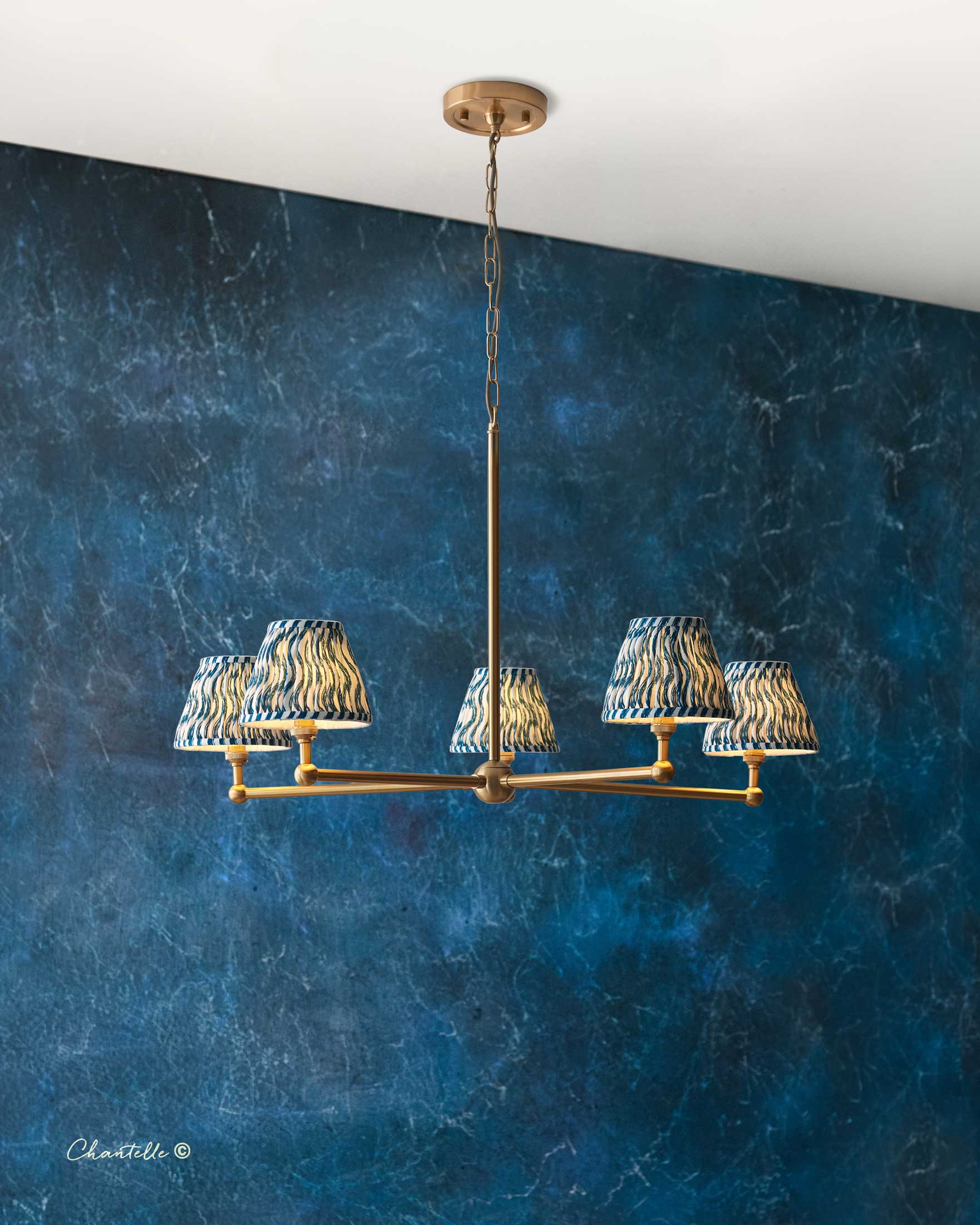 5 Light brass pendant with blue and white ripple shades - 079036