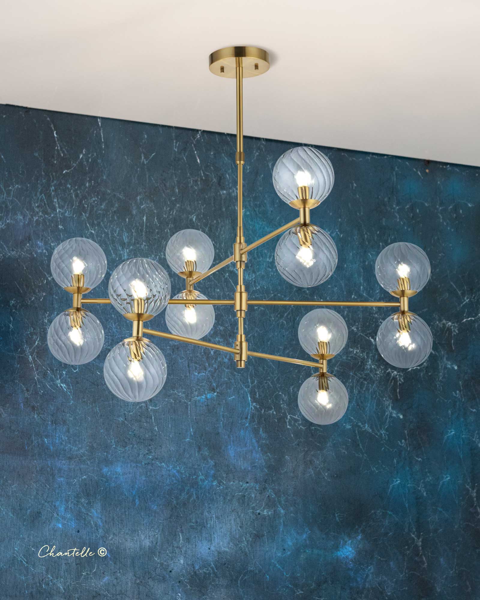 12 Light Brushed Aged Brass Pendant with Clear Glass Globes - 079042