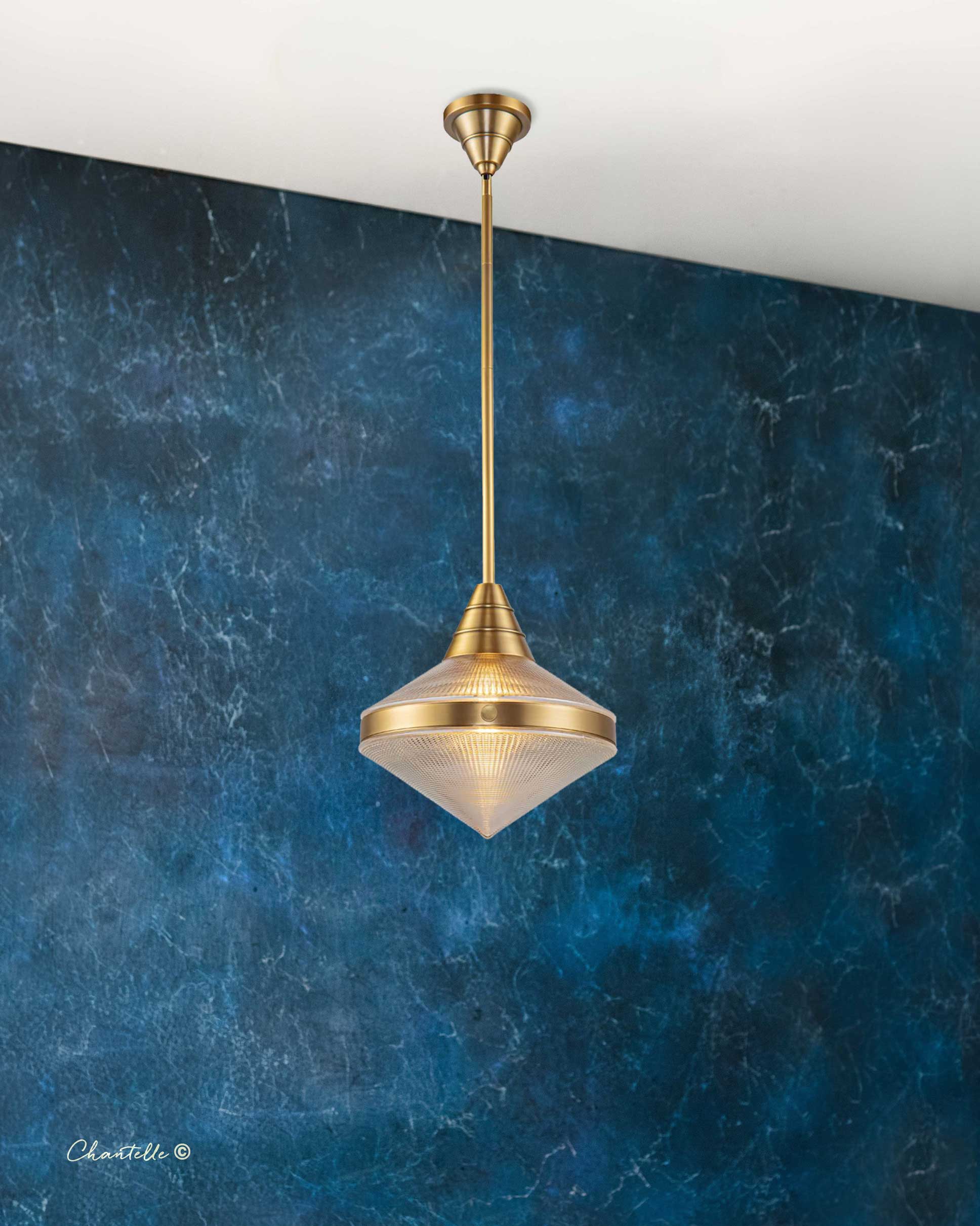Vintage Brass pendant with textured coned glass - 079134
