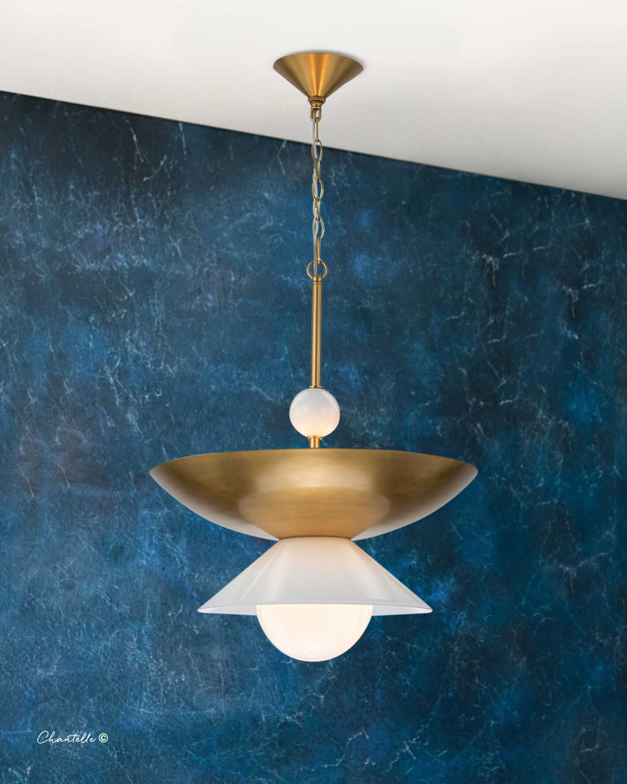 Large Aged Brass saucer pendant with opal shade - 079140